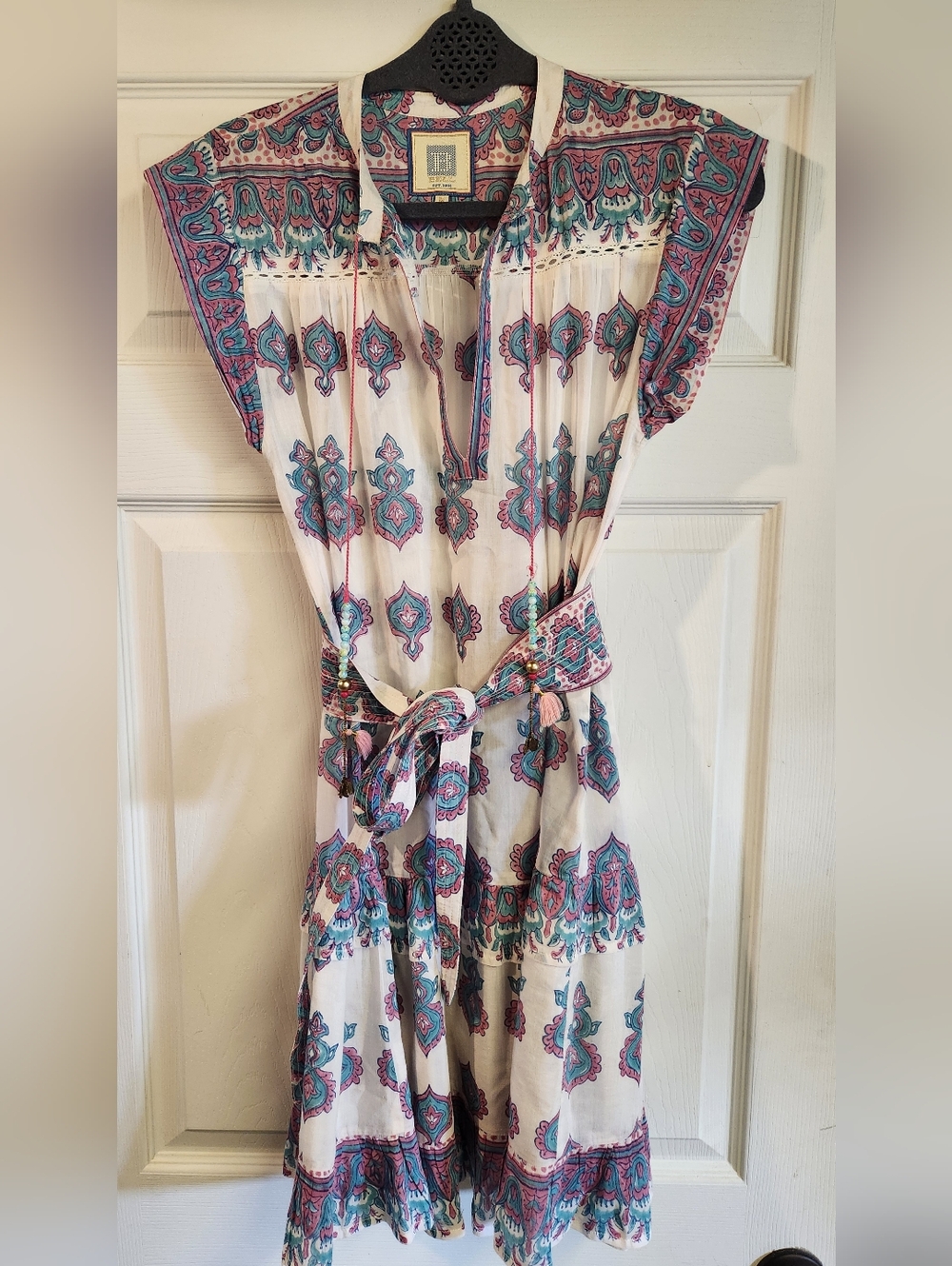 BELL By Aicia Bell Boho Printed Tie-Waist Midi Dress - White with Teal & Pink